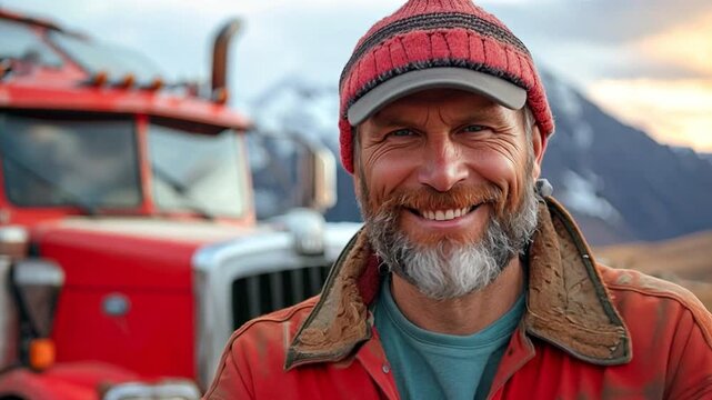 The driver of a commercial truck in front of his semi tractor