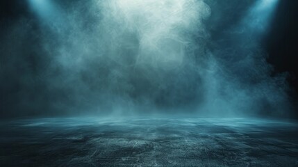 Empty concrete floor with smoke and blue spotlights for product display.
