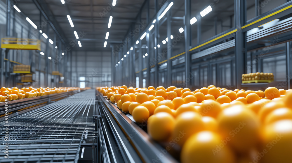 Poster oranges on a production line in a modern factory, showcasing the automation and efficiency of fruit 