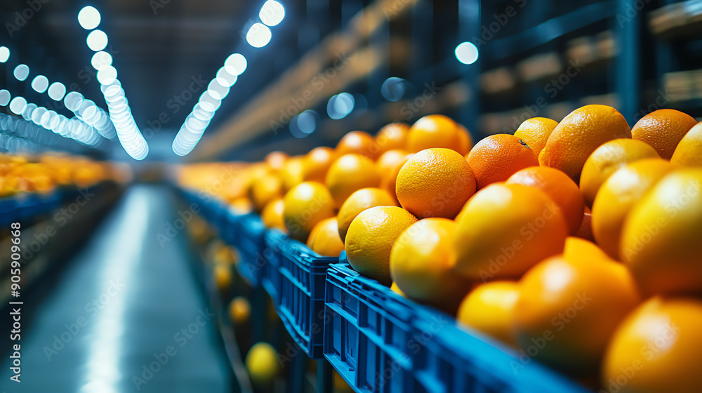 Poster rows of fresh oranges neatly organized in crates in a warehouse, illuminated by bright lights in an 