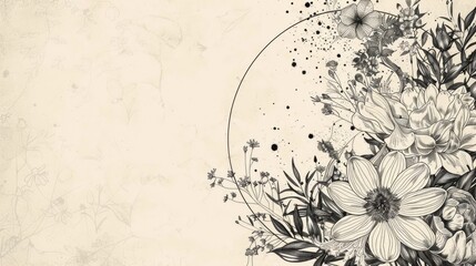 Hand drawn circular floral design with various elements and space for text