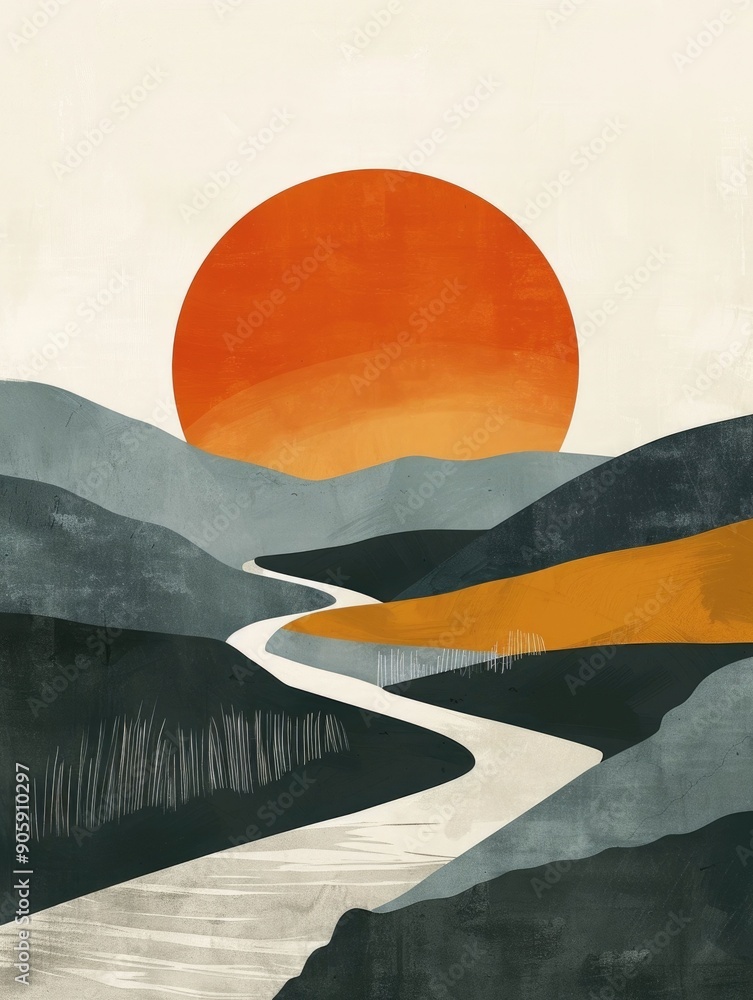 Poster this captivating abstract landscape showcases a minimalist design with a focus on simplistic shapes 