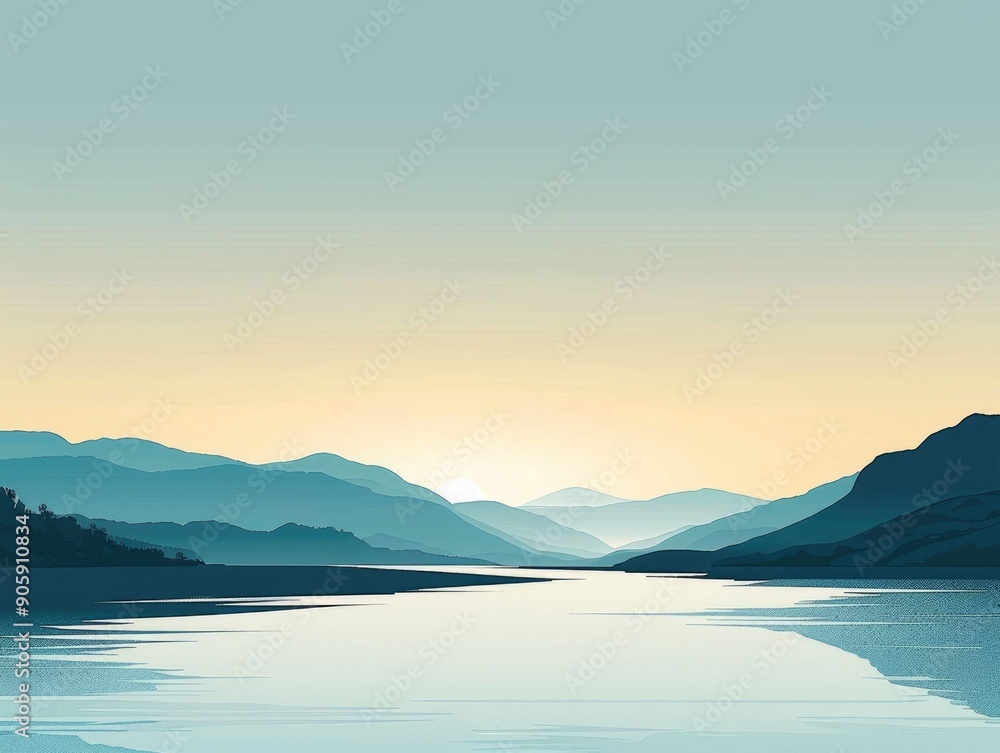 Poster minimalistic landscape poster featuring a serene mountain lake with calm reflections showcasing a cl