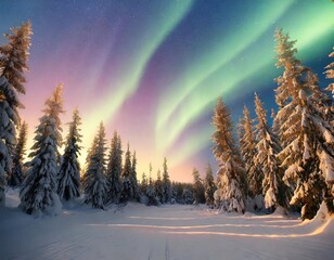Aurora borealis. Northern lights in winter forest. Sky with polar lights and stars.