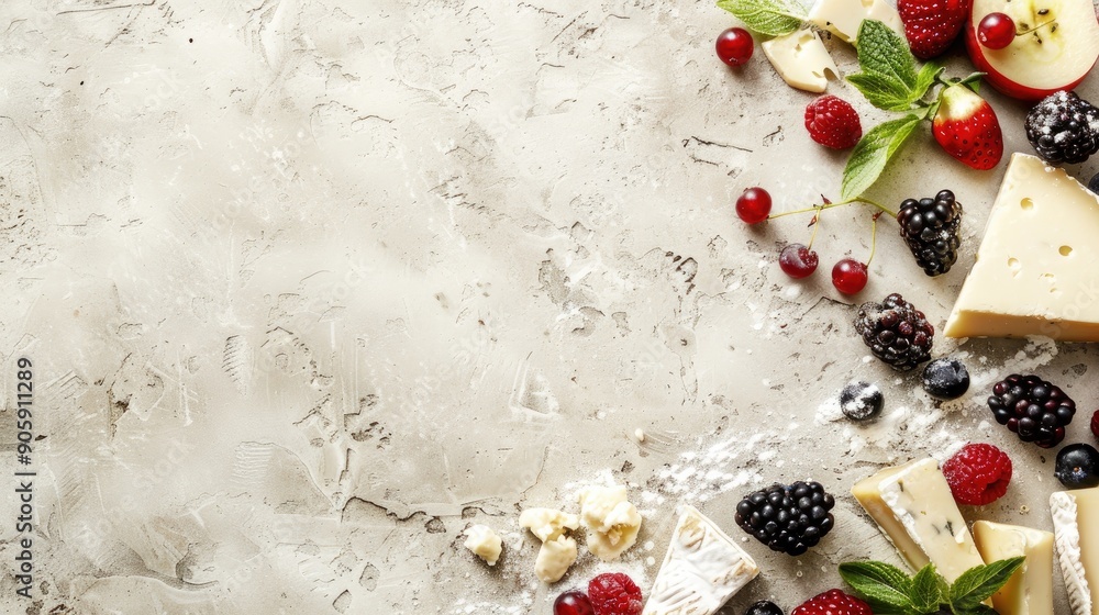 Poster assorted cheeses and berries on textured background with space for text