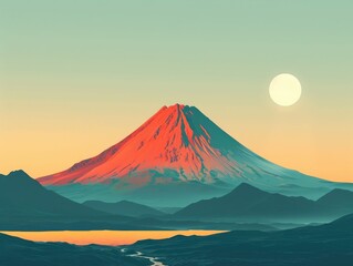 Fototapeta premium Majestic volcanic landscape with a serene lake and crescent moon in the sky at a dramatic sunset This minimalist and abstract design features a beautiful peaceful