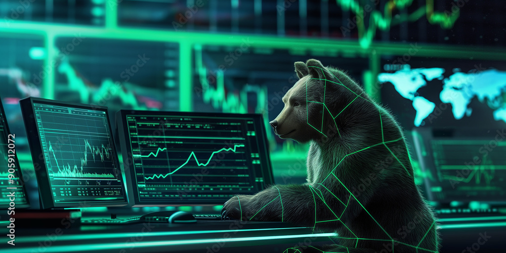 Aufkleber bear investor analyzing stock market data on multiple computer screens, concept of bearish market