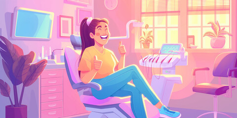 Happy patient showing thumbs up sitting in dentist chair in dental clinic