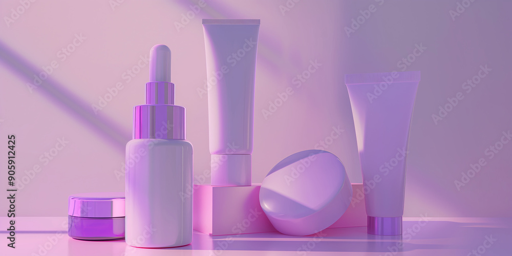 Poster cosmetic products set standing on pink blocks with shadows