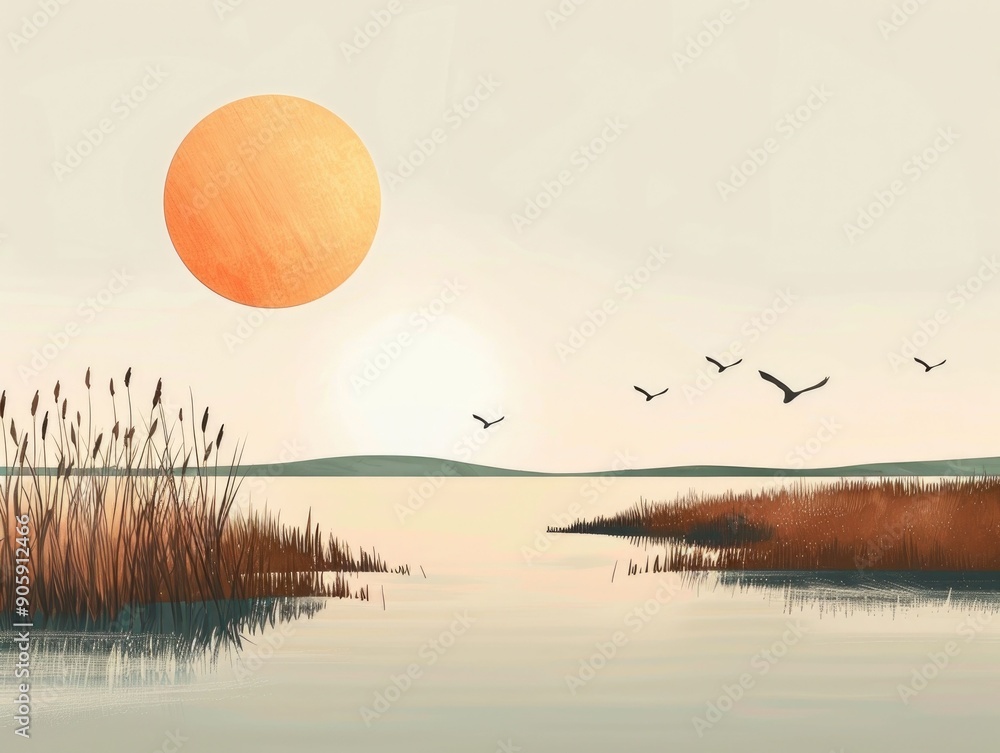Poster minimalist and tranquil marsh landscape scene with a simple silhouette of birds in flight against a 