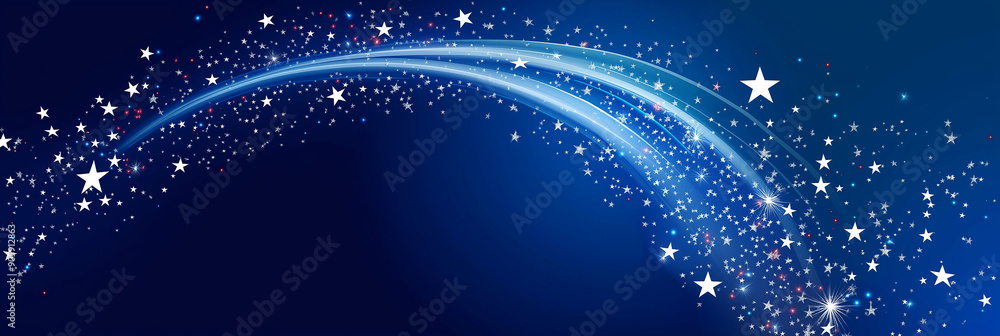 Poster abstract blue background with wavy line forming by white stars and sparkles