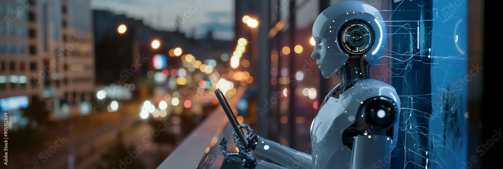 Poster humanoid robot using digital tablet overlooking cityscape at night
