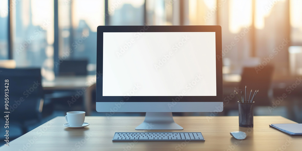 Aufkleber modern desktop computer showing blank screen in office at sunset
