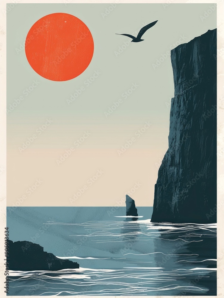 Poster minimalist coastal cliffs poster featuring a clean simplified layout with geometric shapes and drama