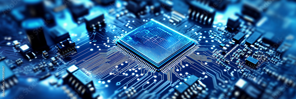 Poster Cpu is receiving and processing data on blue circuit board