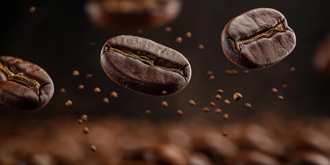 Roasted coffee beans falling down with motion blur effect