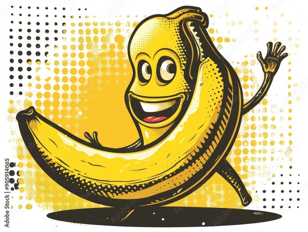 Poster vibrant and playful cartoon of a smiling banana character surfing a wave with a dynamic retro inspir