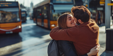 Young couple hugging at the bus station after traveling