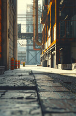 Fototapeta premium photo of a day in a city urban scenario, camera on the floor in perspective and some industrial buildings in the background 