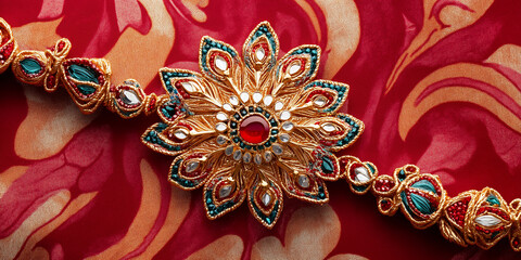 Beautiful gold indian jewelry necklace with red green and white stones on red fabric background