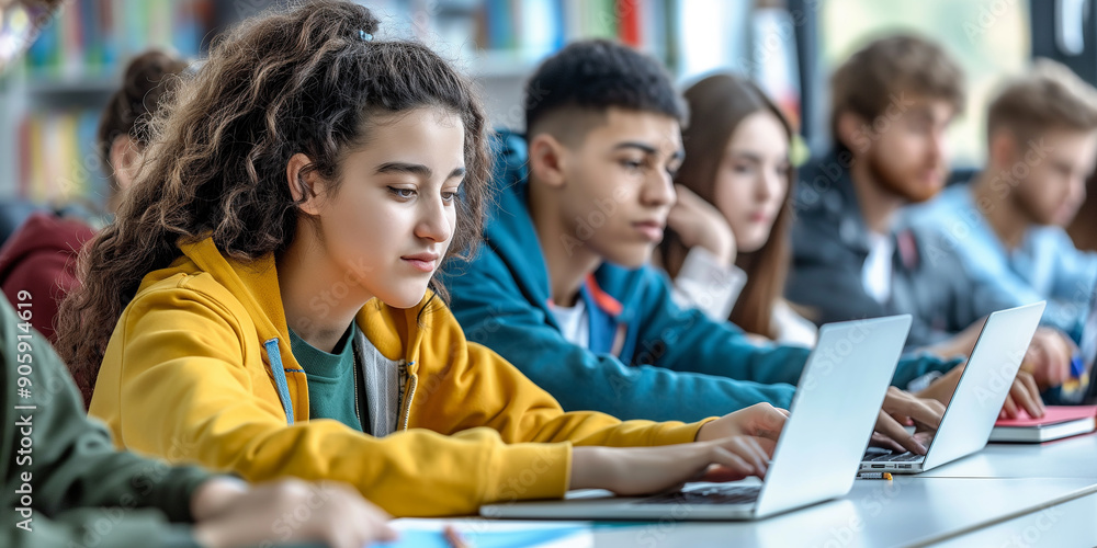 Poster group of diverse high school students using laptops in classroom