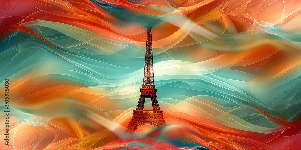 Poster Eiffel tower emerging from abstract colorful background