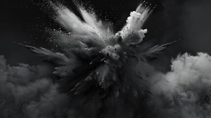 Black charcoal dust, white explosion, splash, abstract isolated. Charcoal powder black smoke particle background explosion