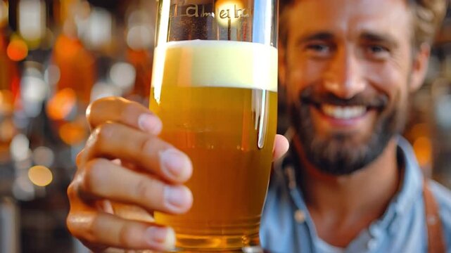 Sophisticated craft beer maker in an apron holds a drink and oversees its quality 
