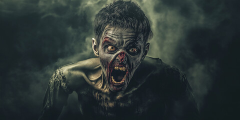 Scary zombie man screaming showing blood and teeth in smoke filled room