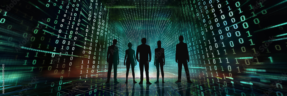 Aufkleber Team of five business people standing in abstract binary code tunnel