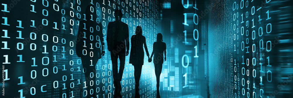 Poster Business people walking through binary code data tunnel