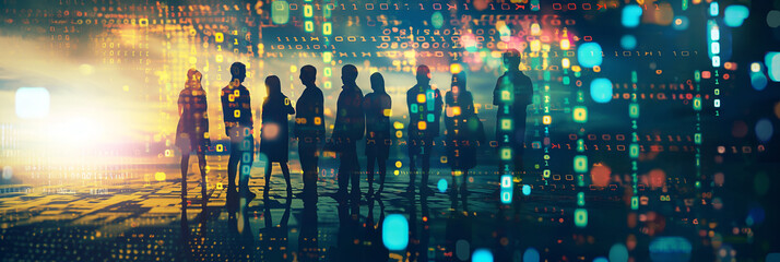 Business team standing with digital binary code technology background