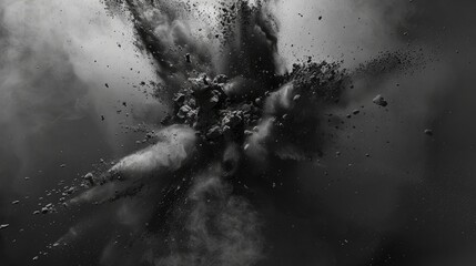 Black charcoal dust, white explosion, splash, abstract isolated. Charcoal powder black smoke particle background explosion