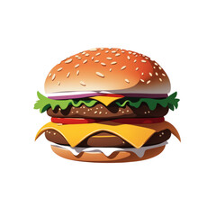 Vector cartoon burger with cheese, patty, tomato, lettuce and onion rings on transparent background, PNG resource for animation