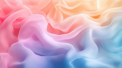 Obraz premium A whimsical, dreamlike fabric background. Shimmering pastel colors in shades of pink, blue, yellow, and orange. The fabric drapes and folds in a smooth, flowing tex