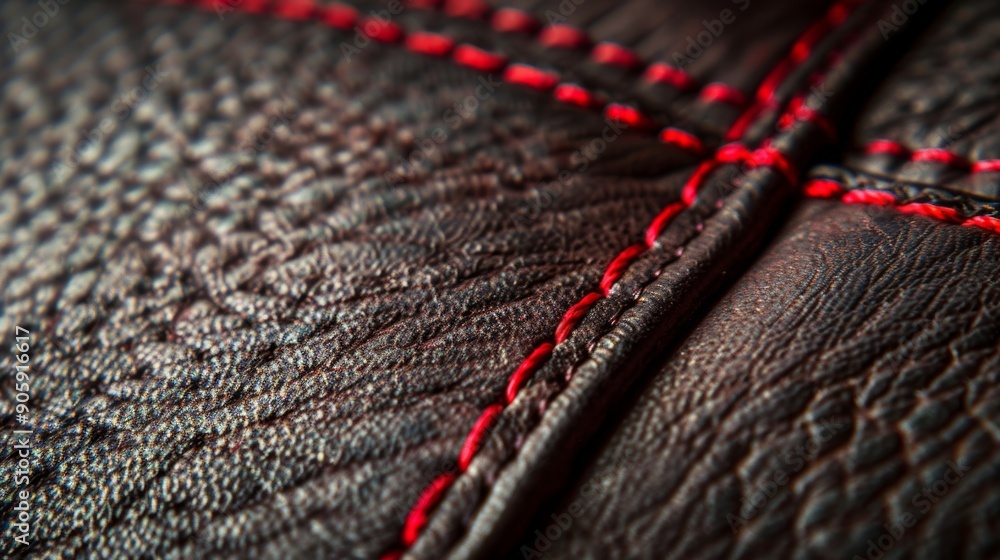 Poster a peek into a leather trunk lining with intricate stitching and a contrast stitching in bright red.