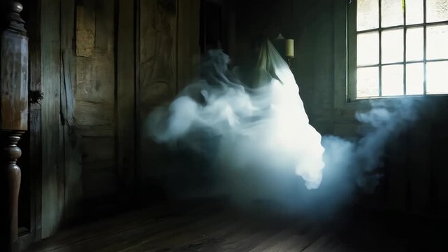 Spooky transparent white ghost flying in old dark room. Angry spirit attack in haunted house. Scary horror movie scene