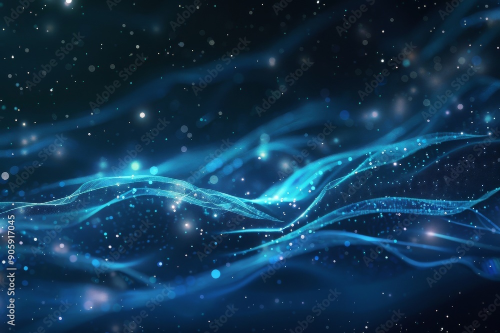 Poster dark blue background with glowing particles, creating a mesmerizing and futuristic visual effect. id