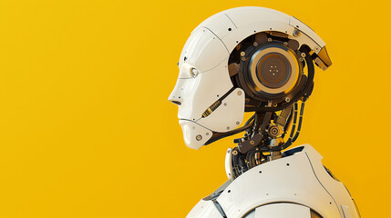 Profile of a futuristic robot with helmet, advanced technology, AI, robotics, artificial intelligence, modern design, innovation, yellow background, side view, sci-fi concept