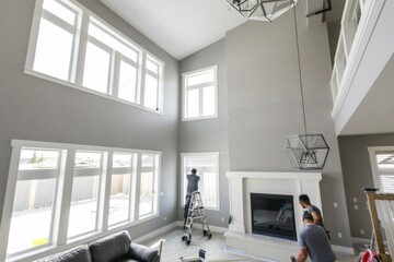  Two male workers painting light gray walls in a modern home’s spacious living room, highlighting home improvement and interior design.