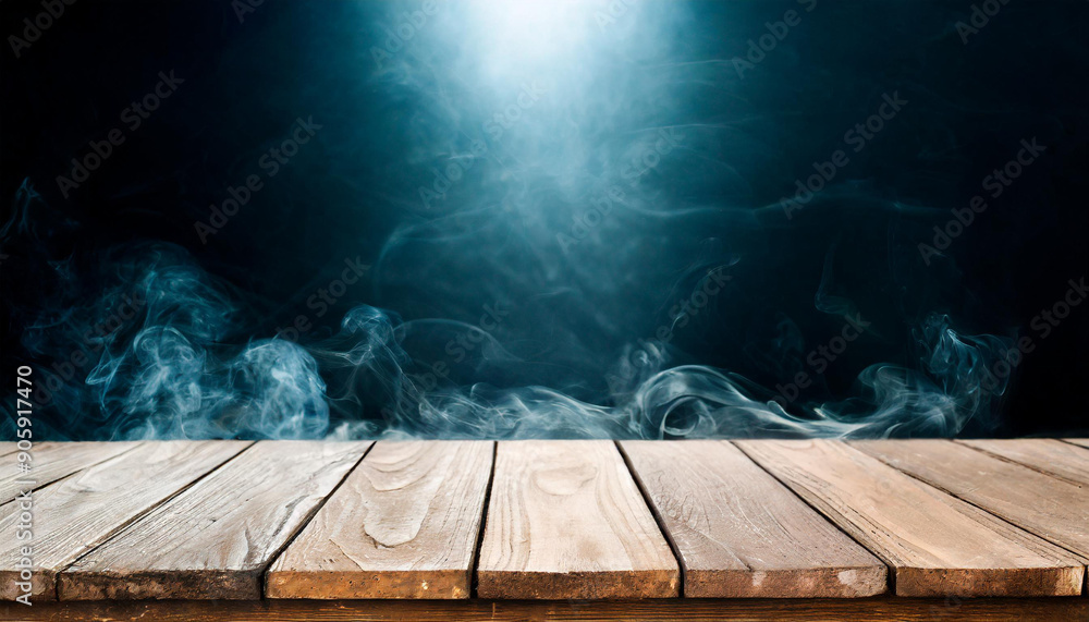 Aufkleber empty wooden table with smoke float up on dark background empty space for display your products, cop