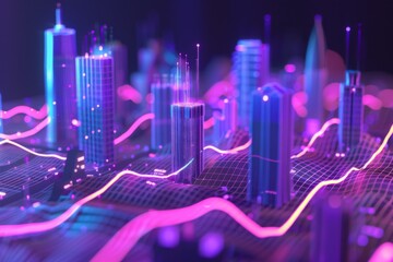 Futuristic 3D smart city with abstract gradient lines and intricate wavy designs, showcasing advanced big data connectivity and technology from an elevated perspective.