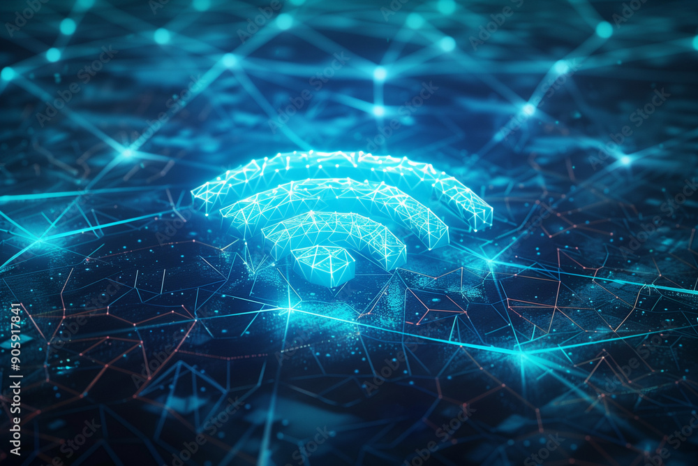 Poster an artistic representation of a digital wi-fi symbol constructed from glowing blue polygons, embedde