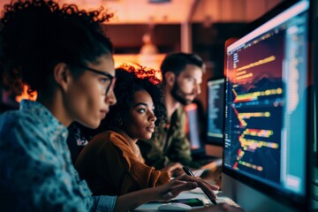 Team of business professionals and software developers collaborating in an office environment. Focused on project development, innovation, and technology-driven solutions.