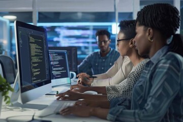 Team of business professionals and software developers collaborating in an office environment. Focused on project development, innovation, and technology-driven solutions.