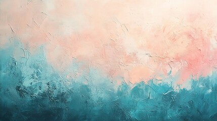 Azure Dreamscape: A textured abstract painting in hues of teal, peach, and cream evokes a dreamy, ethereal mood.