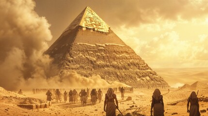 Ancient Egyptian pyramid in golden desert with crowds of people approaching monumental structure. Atmospheric scene with dramatic sky and swirling sand clouds, with historical and mystical ambiance.