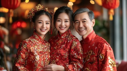Fototapeta premium Chinese New Year Family Portrait: A heartwarming family portrait captures the essence of Chinese New Year, featuring a father and his two daughters adorned in vibrant red traditional attire.