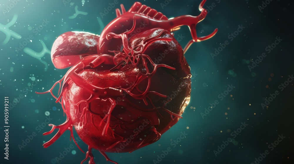 Poster A red heart with veins and arteries is shown in a blue background