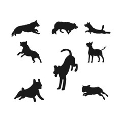 Set of dog silhouettes in different poses. Various breeds playing, running, and standing.